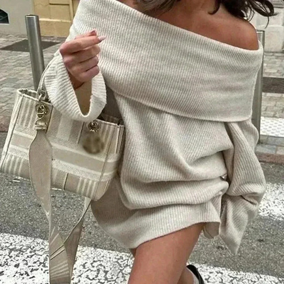 White Casual Women's Off-Shoulder Lantern Sleeve Loose Straight Sweater Dress - Picture 3 of 4